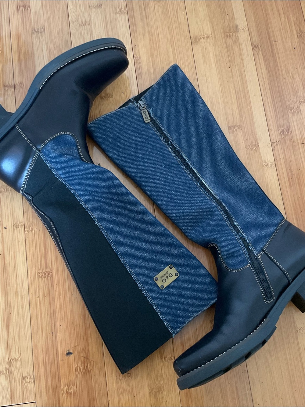 D&G junior Black Leather and Denim Knee-High Boots